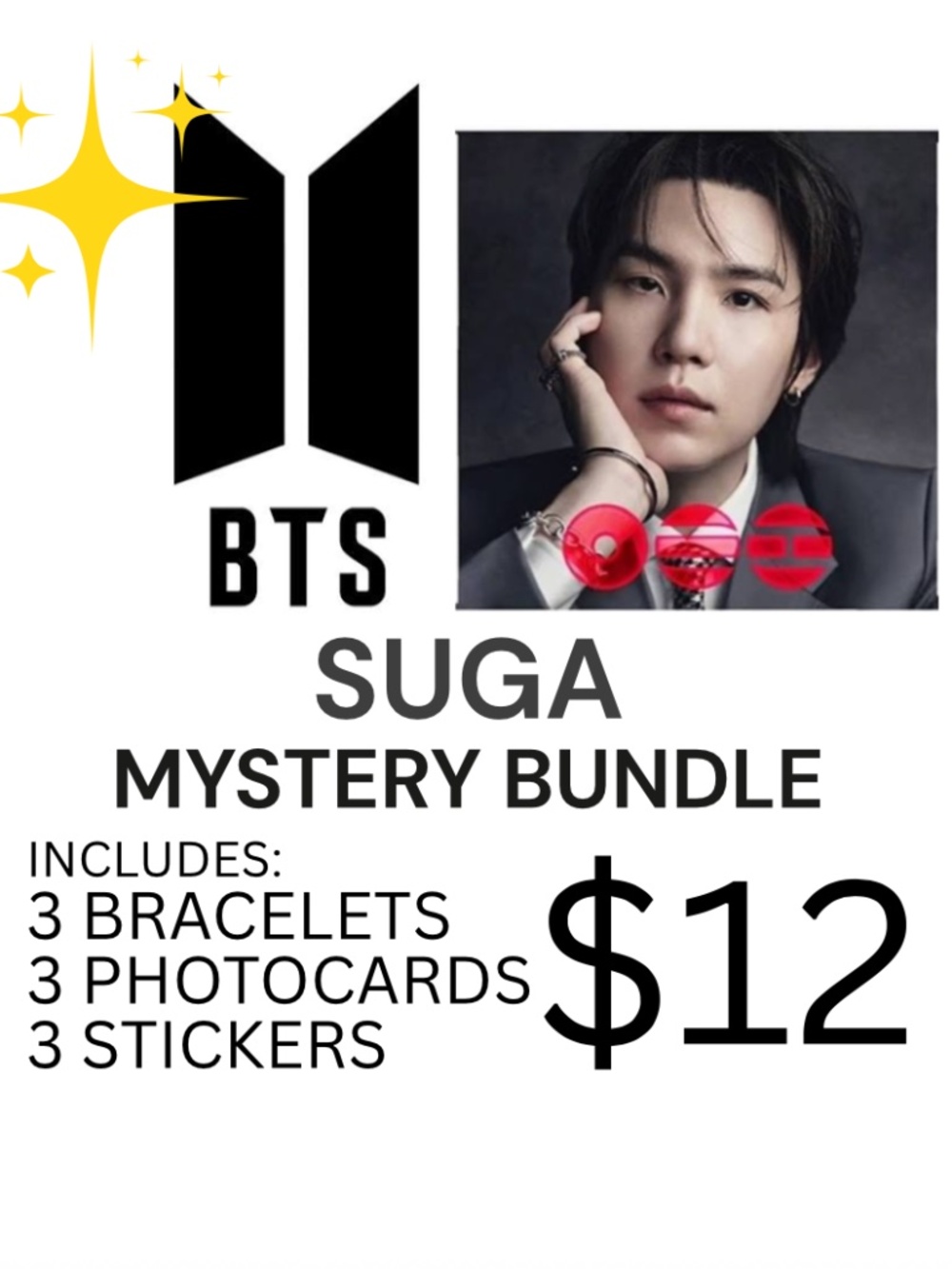 BTS SUGA MYSTERY BRACELET PHOTOCARD STICKER BUNDLE